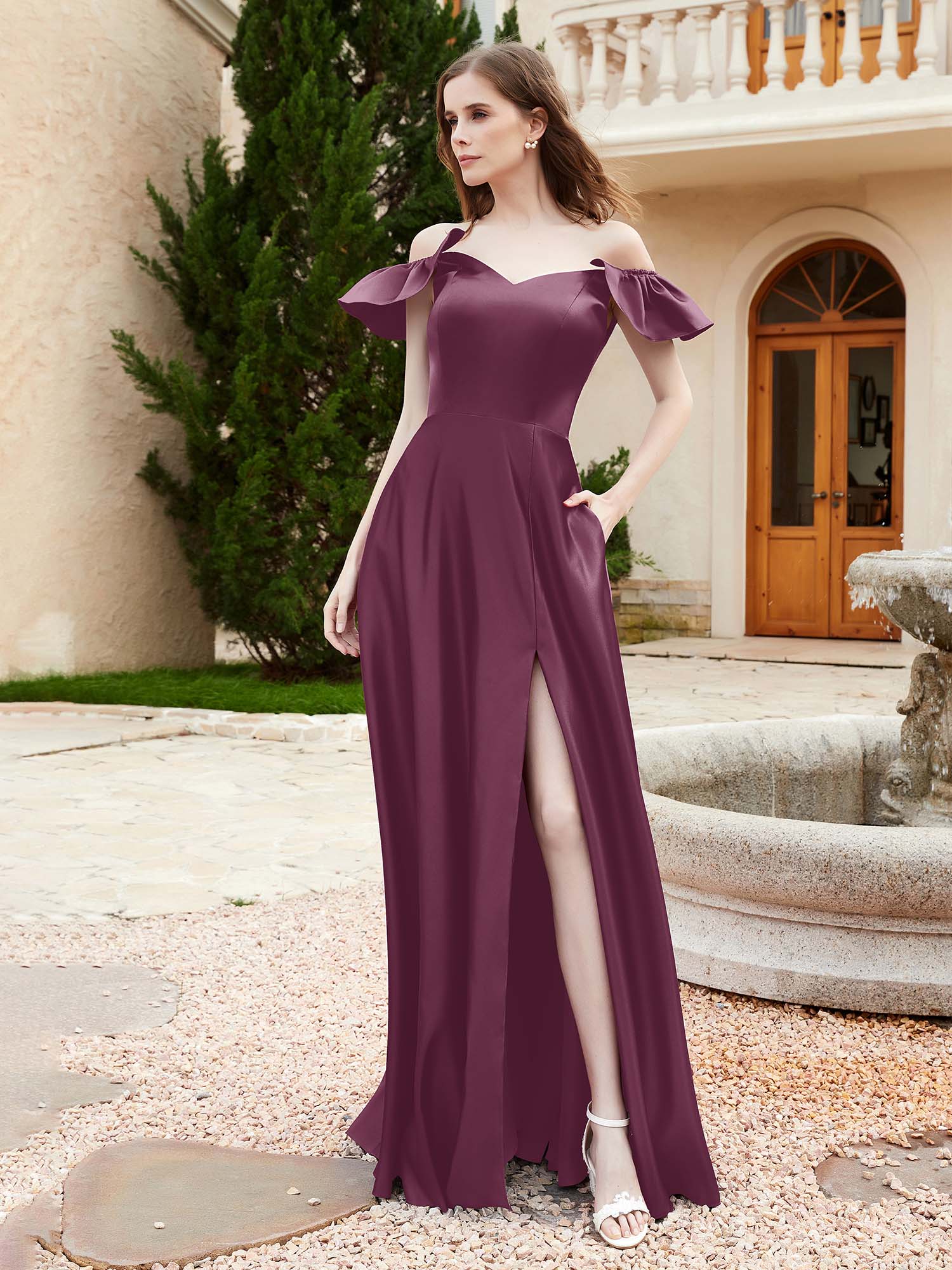Off Shoulder Flutter Sleeves Satin Dress With Pocket Mulberry